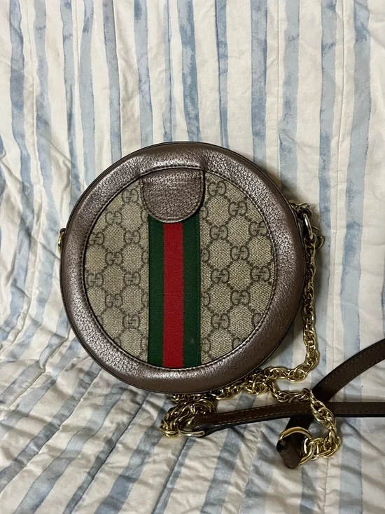 Gucci Brown GG Supreme Round Crossbody with Green-Red Web Stripe - Picture 2 of 2
